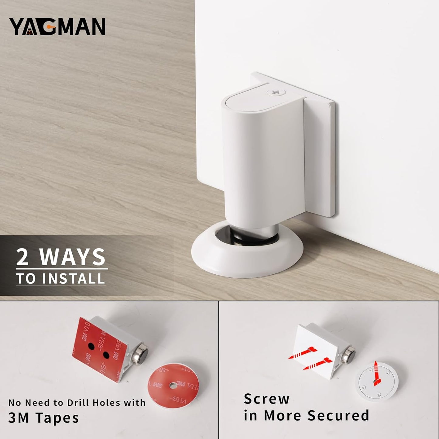 1 Pack Magnetic Door Stoppers Retractable Bottom of Door Holder No Drilling Mount Floor Door Stop with Screws and Adhesive Catch Door Keep Door Open White WT-1