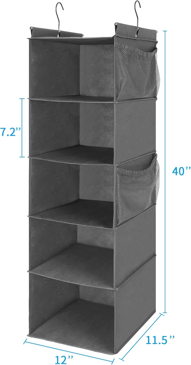 MAX Houser 5 Shelf Hanging Closet Organizer, Space Saver, Cloth Hanging Shelves with 4 Side Pockets, Foldable, Grey
