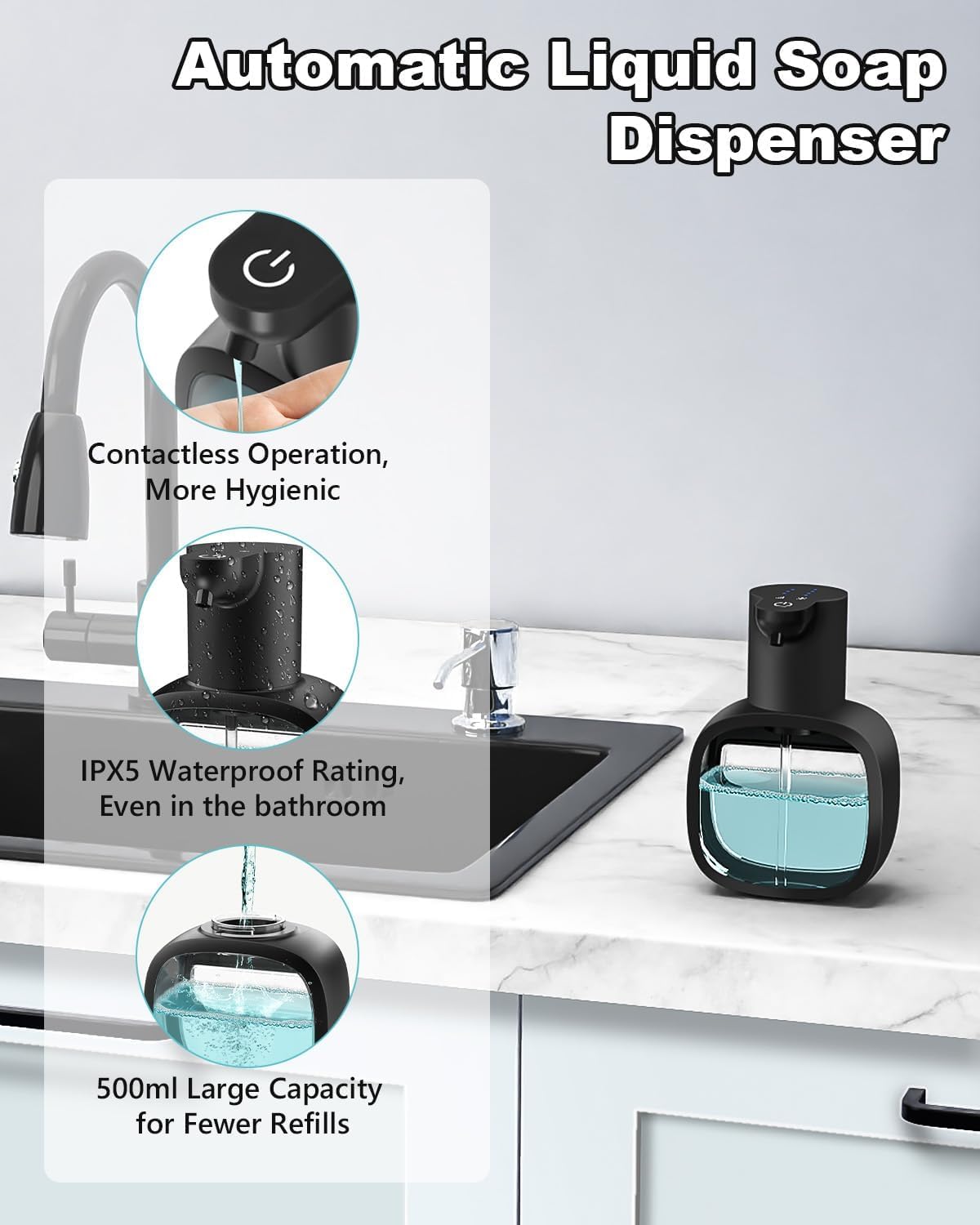 lazycozy® Automatic Soap Dispenser, Touchless Electric Soap Dispenser, 17oz, Rechargeable via USB-C, 4 Dispensing Modes, Wall Mount or Countertop, for Kitchen Sink, Bathroom, Hand, Dish, Black