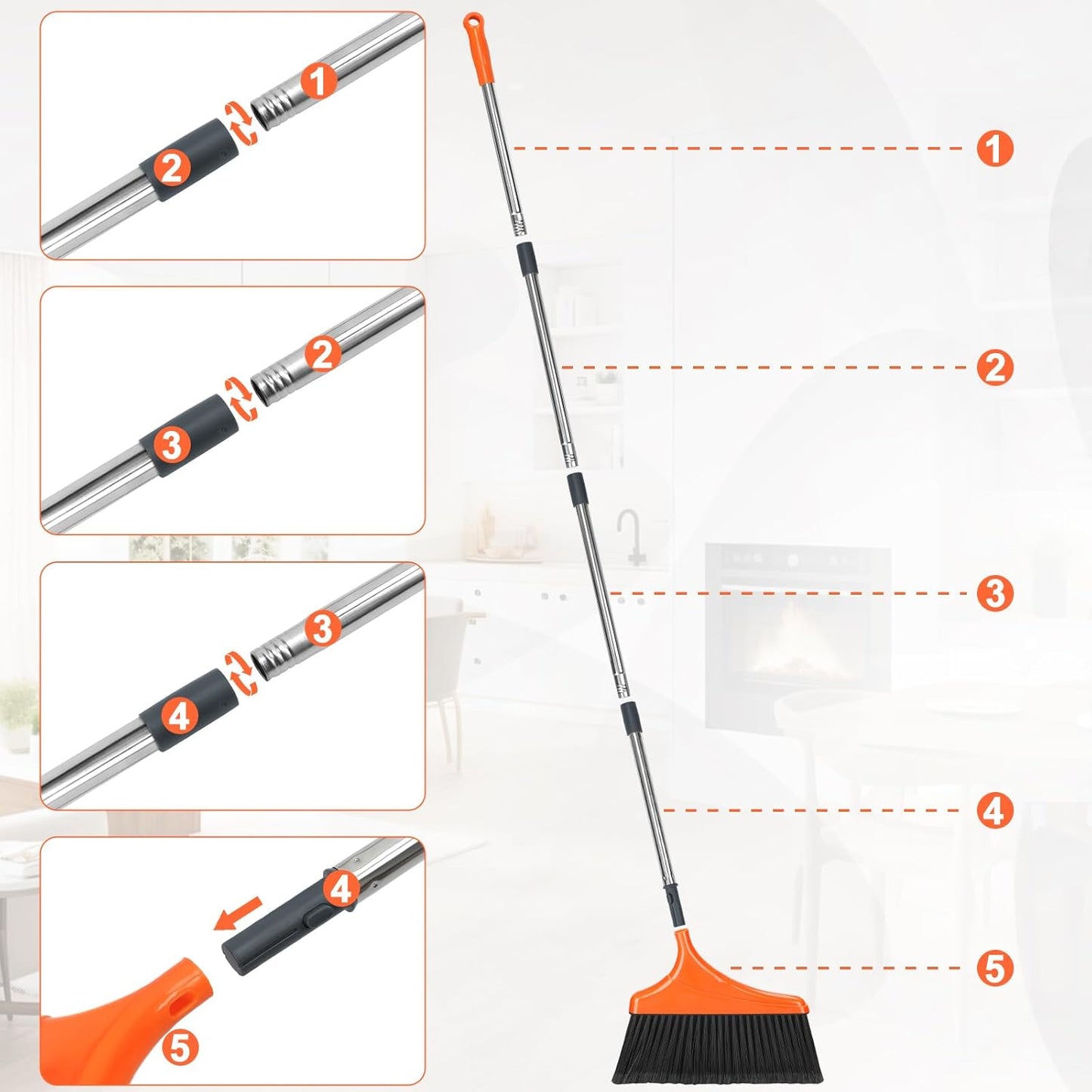 4 Pack Heavy-Duty Angle Broom for Floor Cleaning with 52" Long Handle Stiff Bristle Angle Commercial and Industrial Broom, Indoor Outdoor Broom for Garage Kitchen Office Lobby Patio