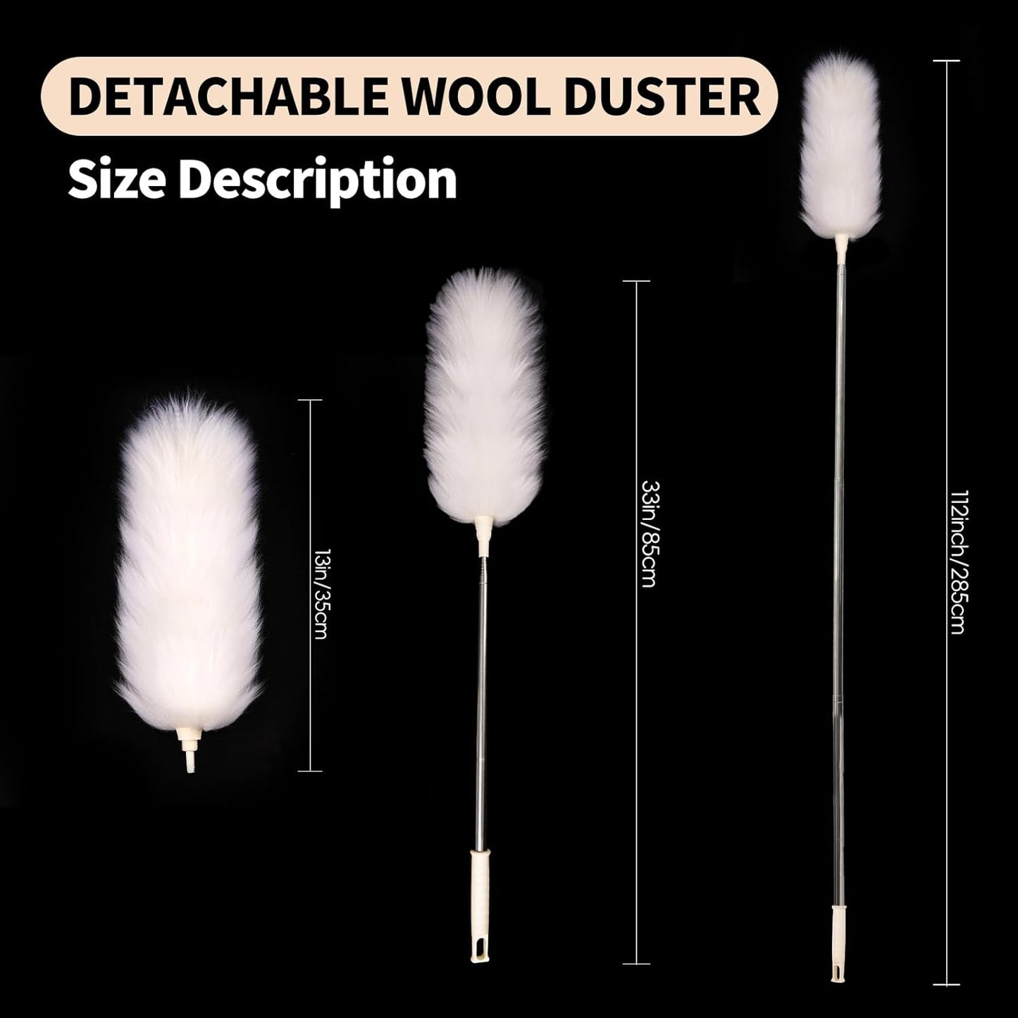 Extendable Lambswool Duster 29-110 Inch,Anti-Static Flexible Head, Stainless Steel Pole for Cleaning High Ceiling,Fan,Furniture,Roof Dusting