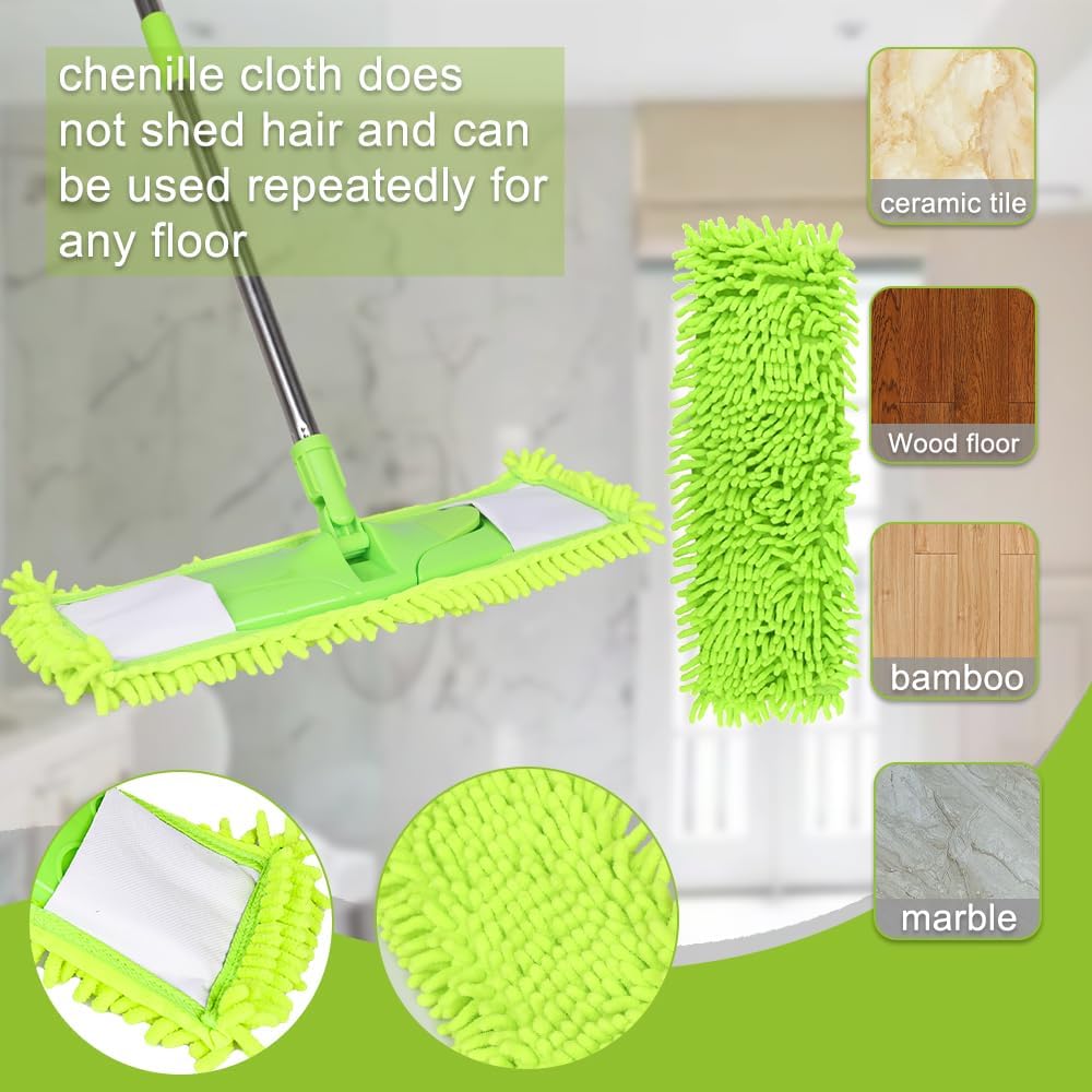 Dust Mop for Floor Cleaning with 2 Washable Chenille Pads and Extendable 58” Long Handle, Dry Wet Flat Mop with Scouring Pad for Hardwood, Laminate, Tile, Marble ，Green