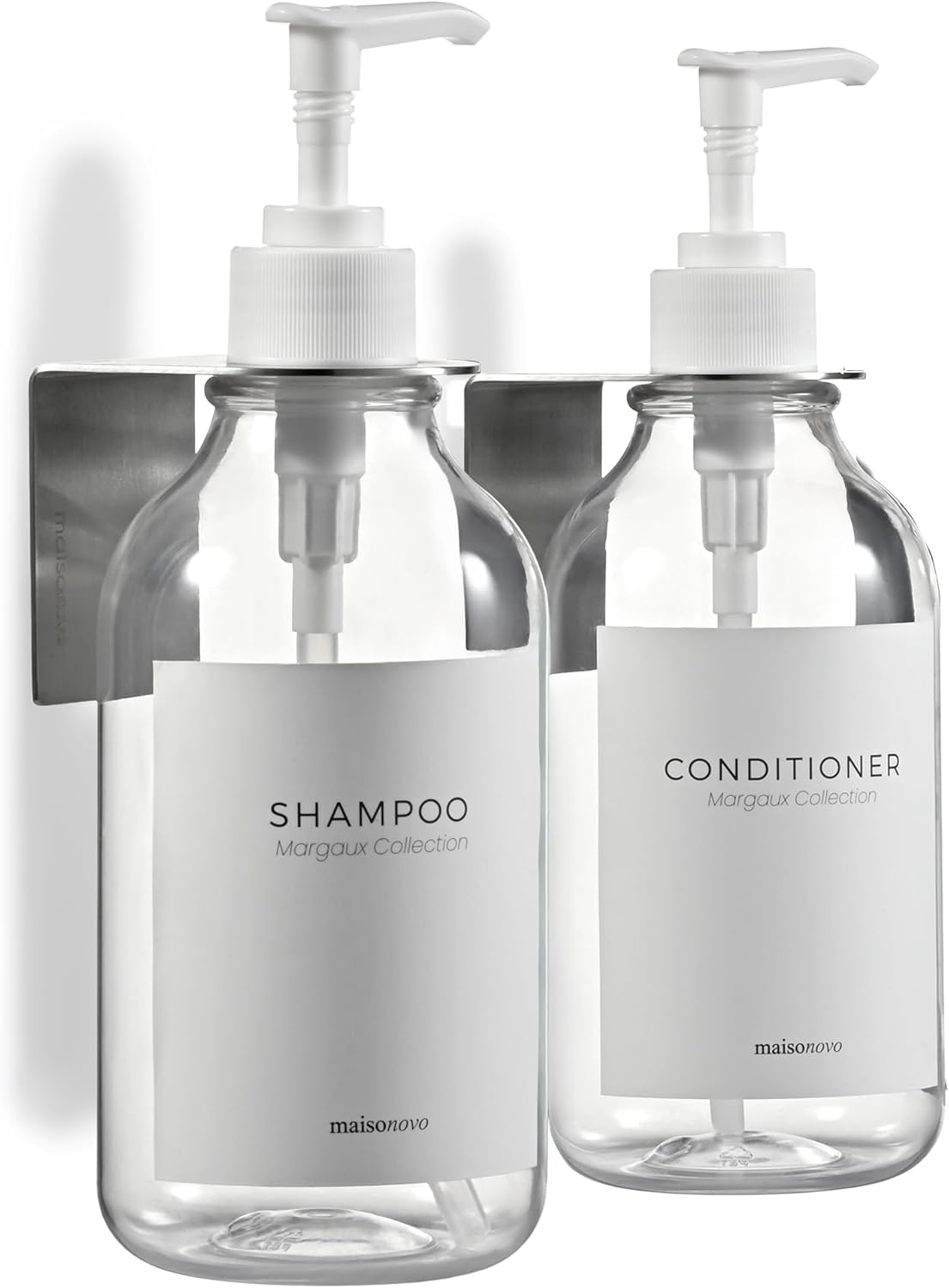 MaisoNovo Shampoo and Conditioner Dispenser - Shower Soap Dispenser Wall Mounted - 16.9 fl oz Set of 2 Clear Plastic Bottles White Pump - Shampoo Dispenser, Shower Dispenser 2 Chamber No Drill