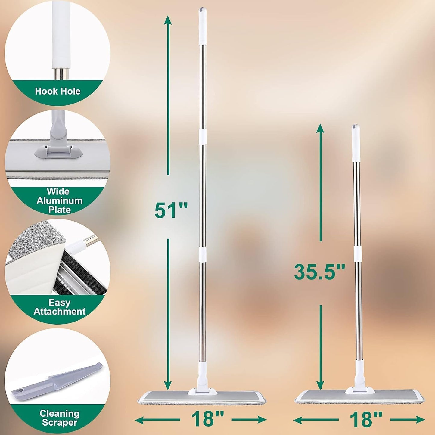 18" Professional Microfiber Mop Floor Cleaning System, Flat Mops with Stainless Steel Handle, 4 Reusable Washable Mop Pads, Wet and Dust Mopping for Hardwood, Vinyl, Laminate, Tile Cleaning (White)