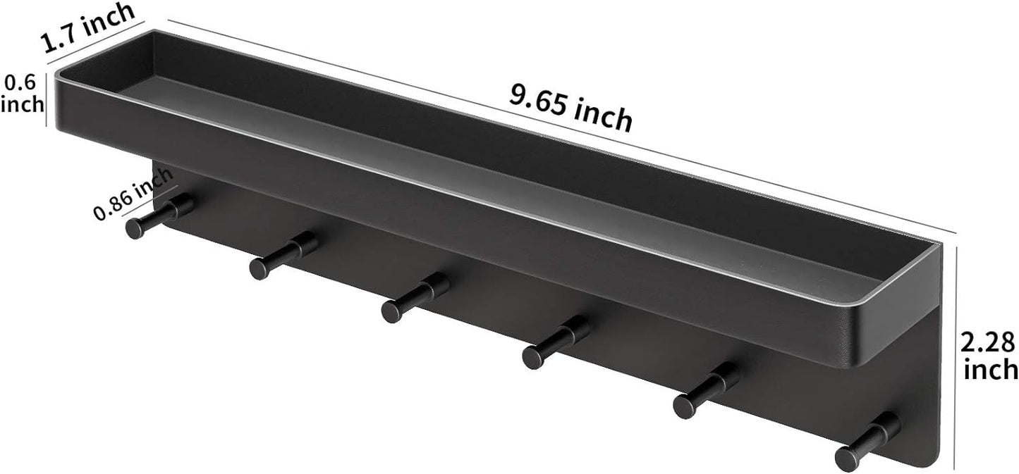 MKO Key Holder Wall Mount, Key Holder Wall Mount Adhesive with Mail Organizer Tray with 6 Key Hooks for Wall, Black