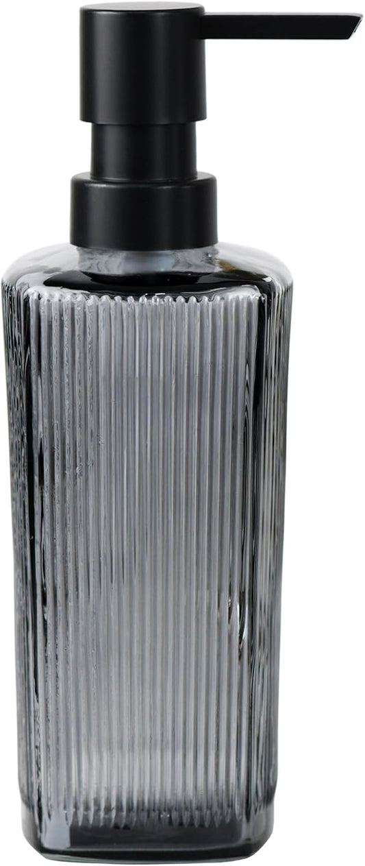 12 oz Glass Soap Dispenser with Vertical Stripe with Black Plastic Rustproof Pump, Small Refillable Soap Dispenser for Kitchen and Bathroom (Grey)