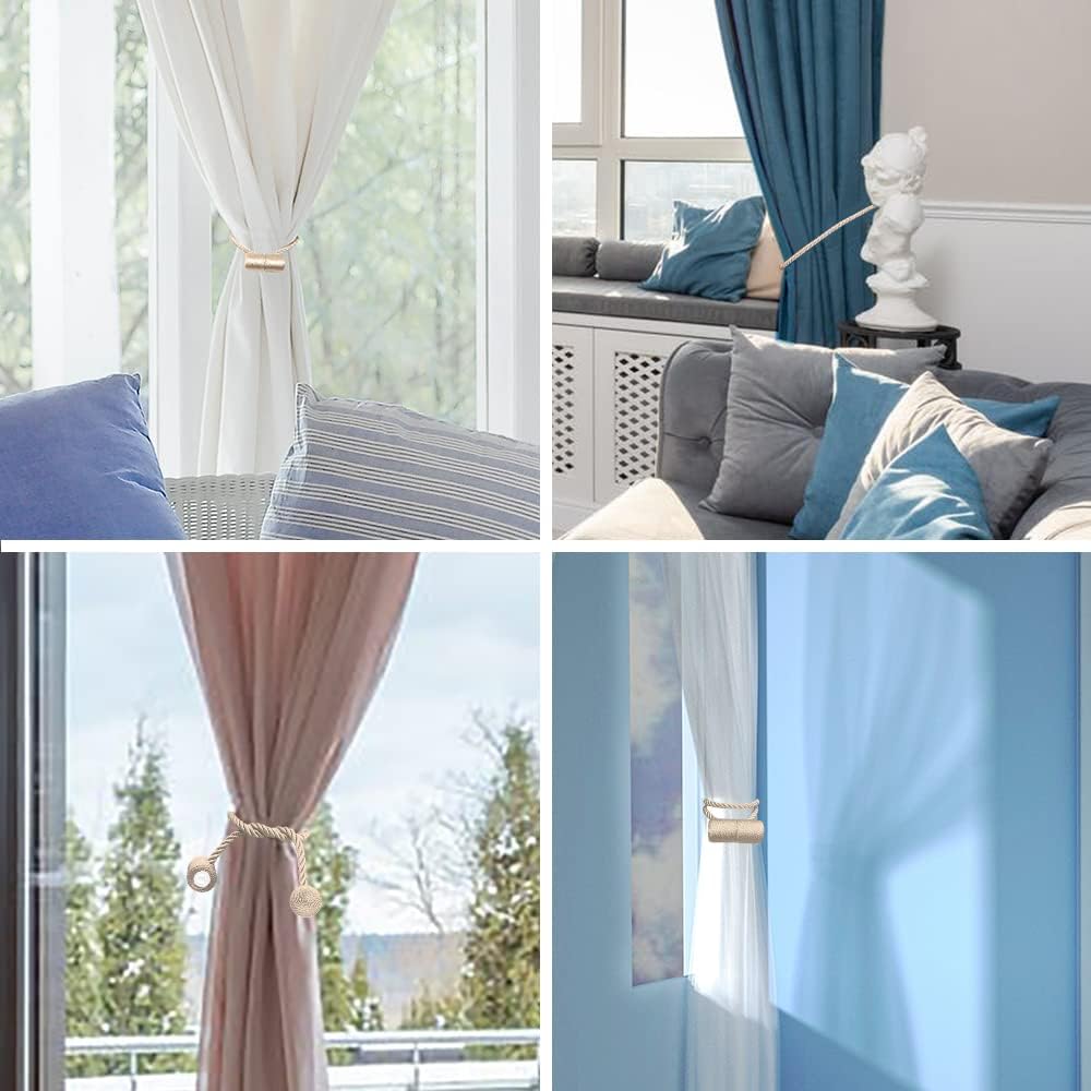 18 Inch Strong Magnetic Curtain Tiebacks, Curtain Holdbacks Modern Upgrade Strong 2021 New Twisted Style Decorative Drapery Rope Tie Backs(4 Pack Beige)