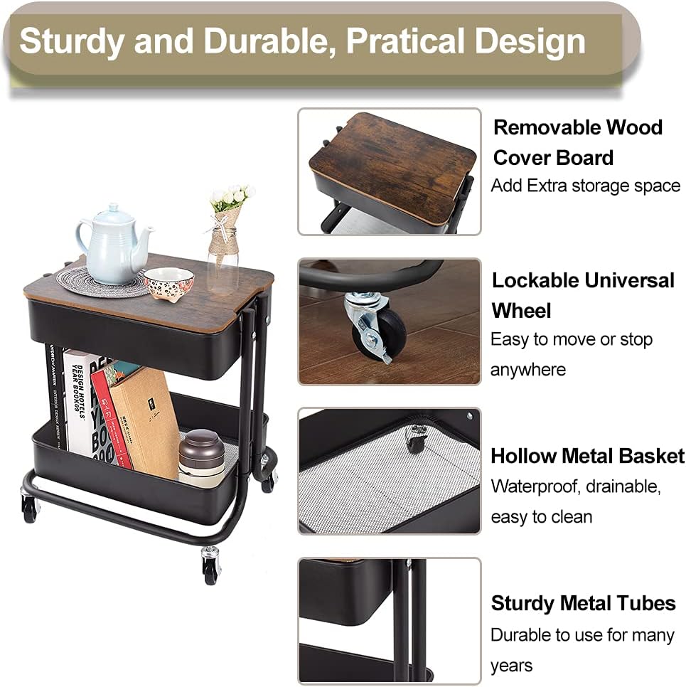 Melody House 2-Tier Metal Utility Rolling Cart Storage Organizer with Cover Board Mobile Trolley Sofa Side Table with Wheels for Office Home Kitchen Organization Black