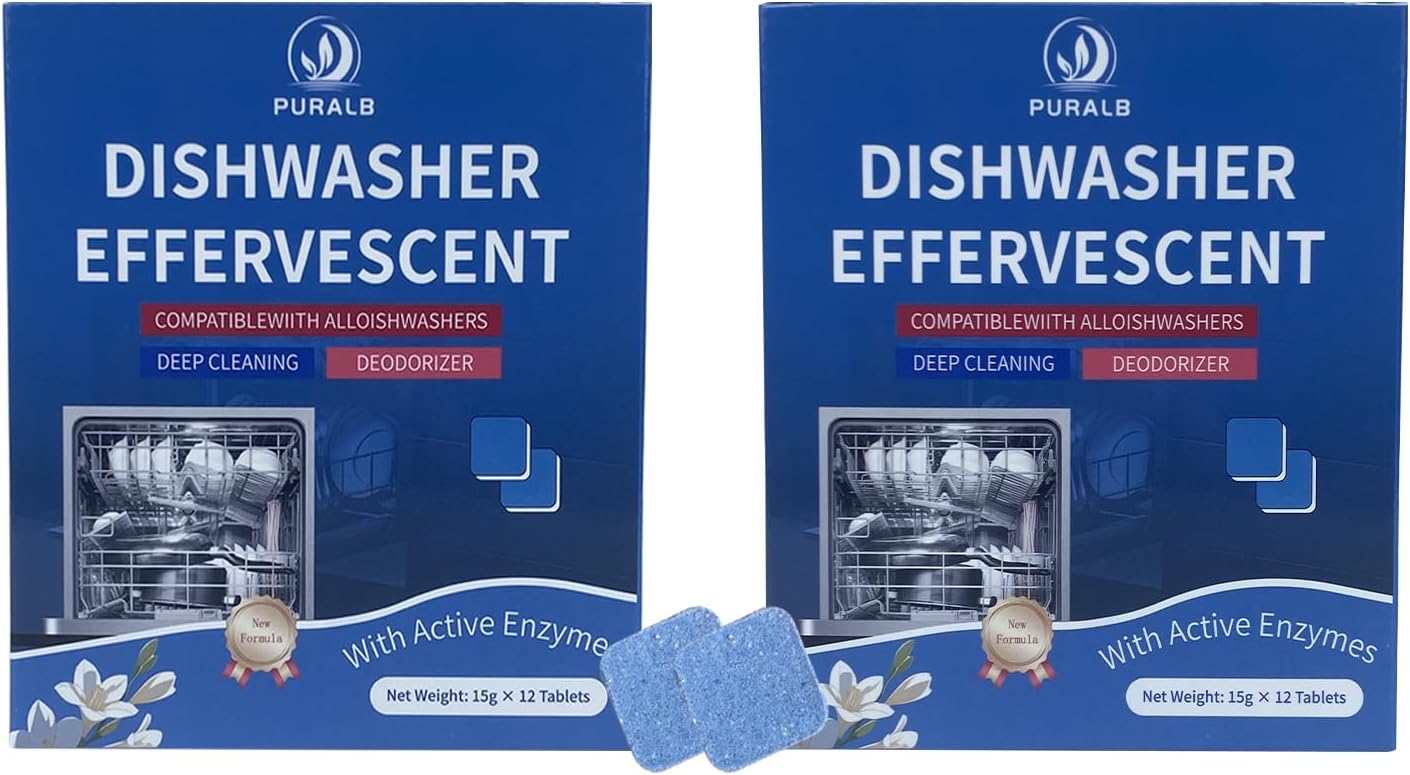 Dishwasher Cleaner Tablets - 24 Tabs (2x12 Pack), 1-Year Supply Heavy Duty Deodorizer Tabs for Deep Cleaning, Descaler Pods Remove Limescale & Grease, Septic Safe for All Dishwasher Brands - Puralb