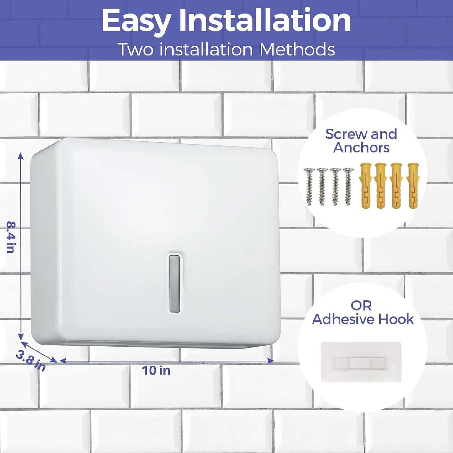 Multifold Paper Towel Dispenser Wall Mount (White) – Large Capacity C-Fold, Trifold, and Folded Commercial Hand Towels Holder for Bathroom & Restroom – Adhesive or Screw Mounted