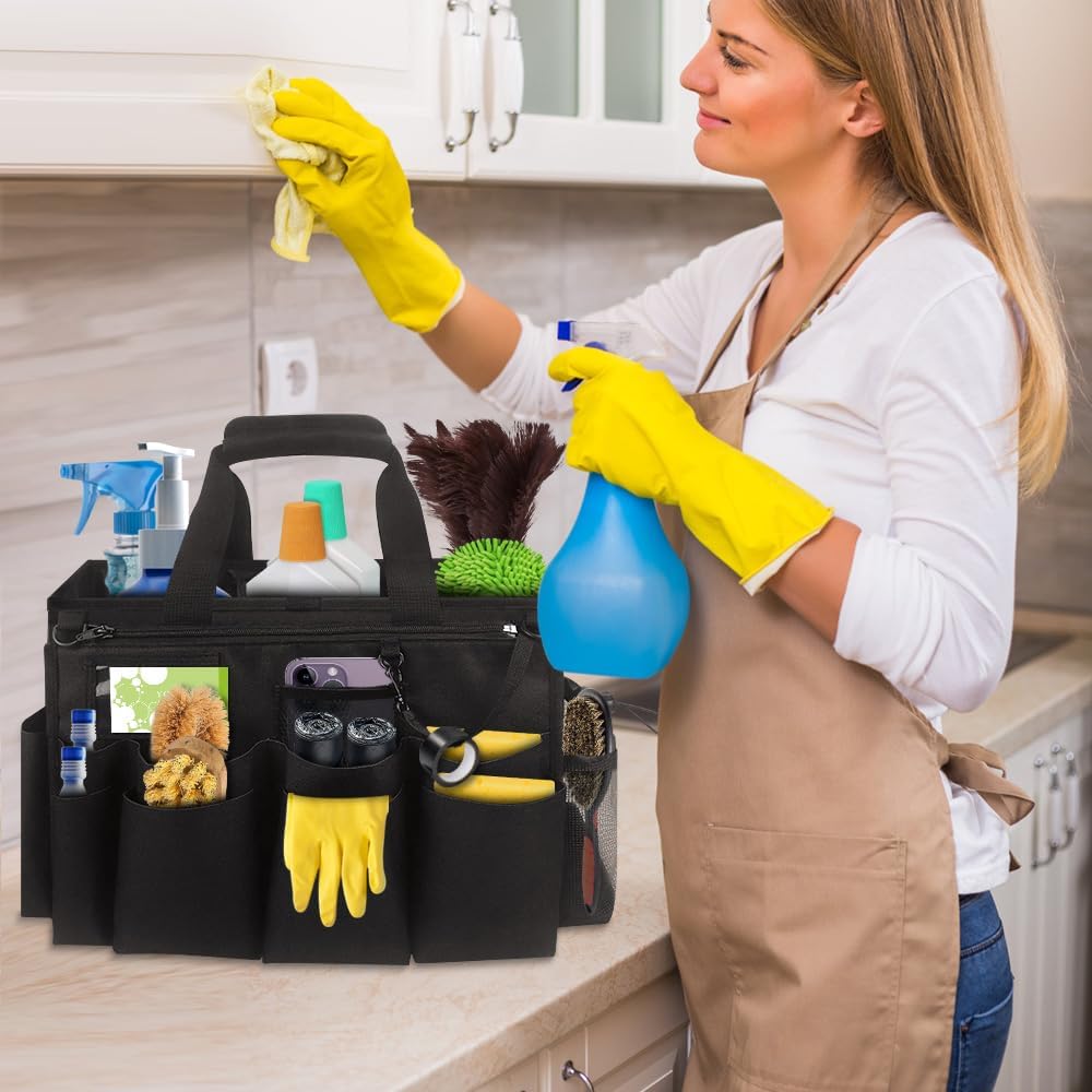 Qivine Cleaning Caddy with Handle, Cleaning Supply Caddy Foldable Tool Bag Cleaning Products Organizers Portable Cleaning Bucket Organiser for Storing Towels（Black Square）