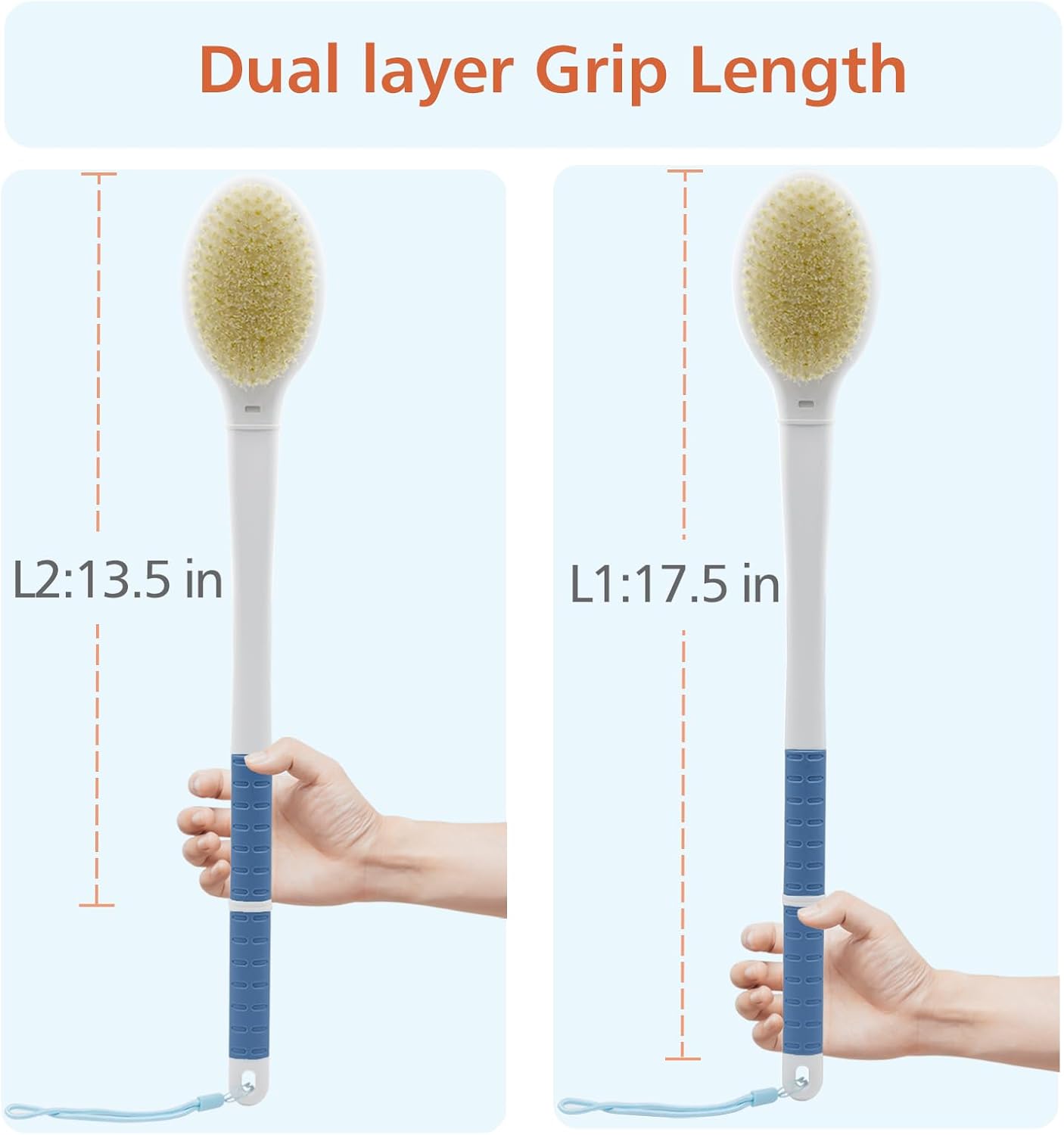 Shower Brush with Soft and Stiff Bristles,18.5" Long Handle Dual-Sided Back Scrubber Bath Brush Body Exfoliator for Wet or Dry Brushing (Long Handle)