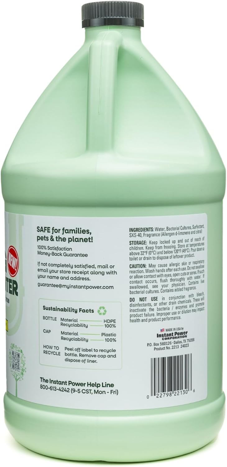 Instant Power Eco Clog Preventer - Enzyme Drain Cleaner Liquid and Deodorizer for Sink, Shower, Toilet, Garbage Disposal Cleaner, Bio-Based Drain Defense, Smell Remover and Odor Eliminator - 1 Gallon