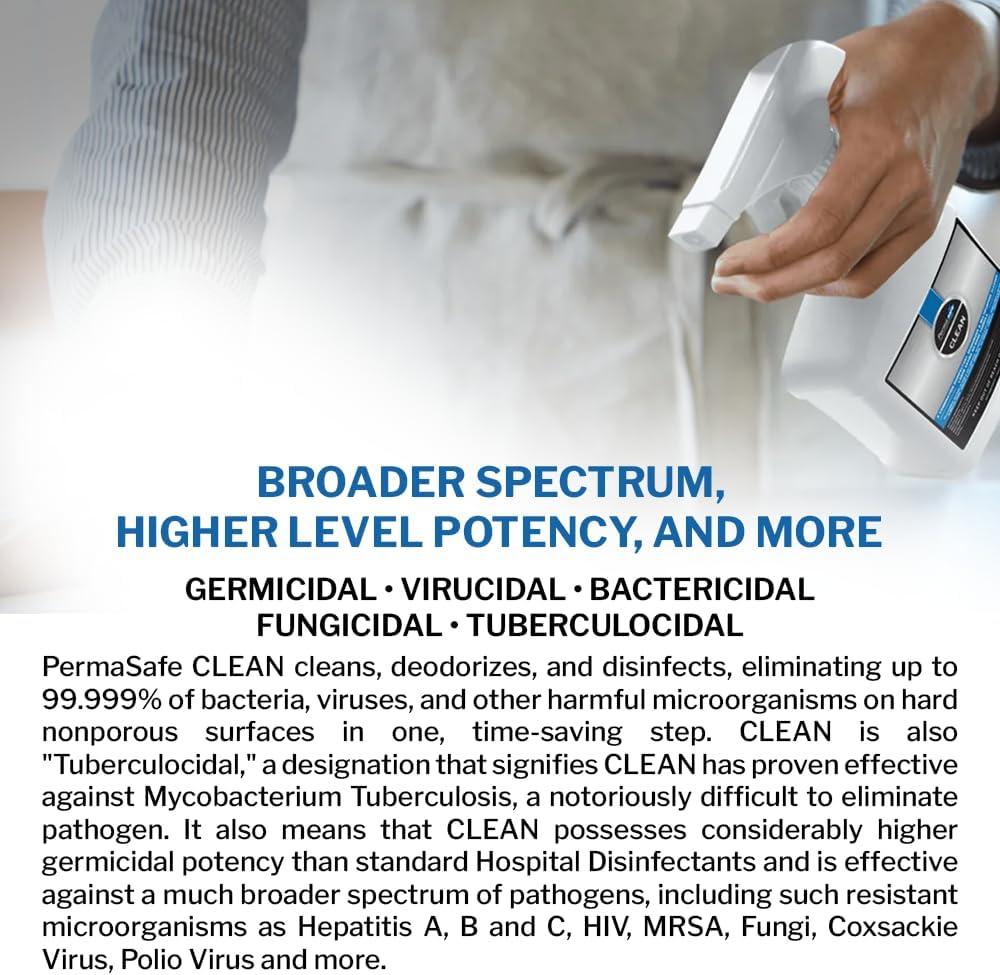 PermaSafe CLEAN, All-Purpose Hospital Disinfectant Cleaner; No Rinse, Hard, Soft & Food Contact Surface Sanitizer; Mold, Mildew and Fungi Killer; Odor Eliminator; Allergen Remover & More (32 Fl Oz)