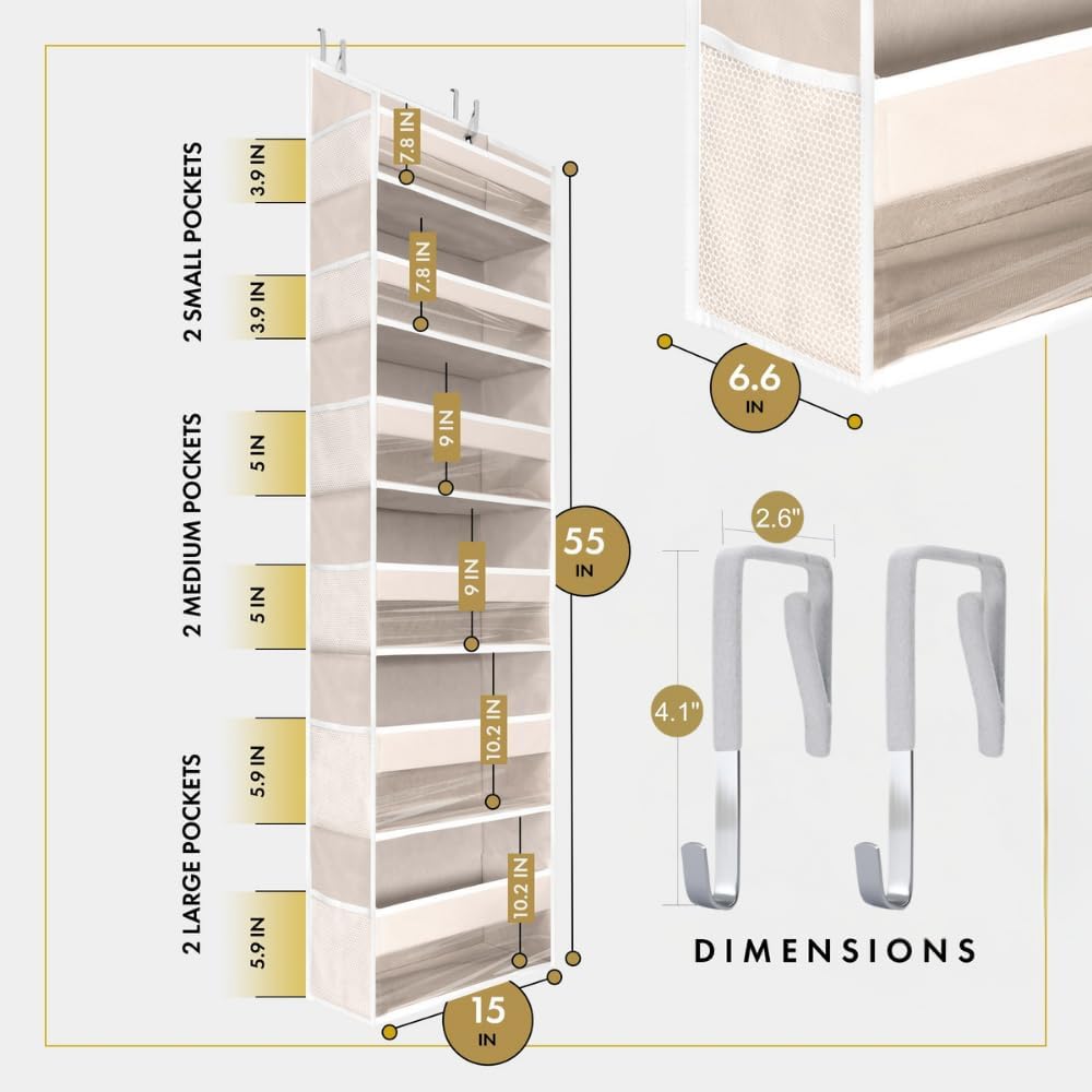 HOMELUX THEORY 2 PC Heavy Duty Over the Door Organizer 55x14x6.7, 6 Large Front & 12 Side Pockets, Hanging Storage Closet Door Organizer for Bedroom, Bathroom and Baby Nursery Storage (Ivory)