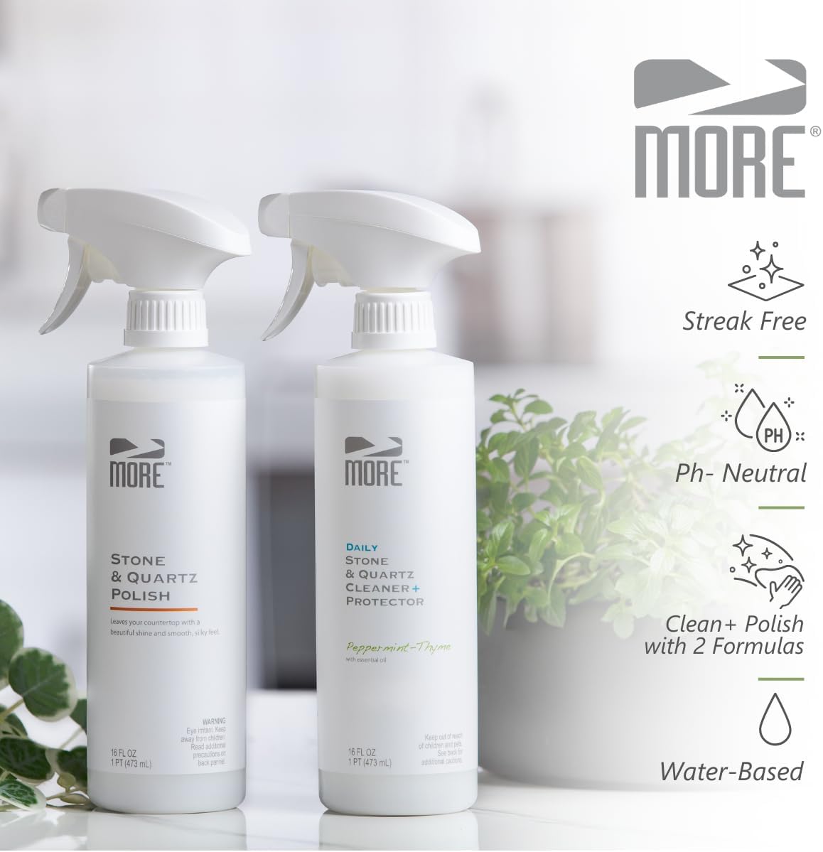 MORE - Twin Pack - Includes Stone & Quartz Cleaner + Polish - Granite, Quartz & Marble Cleaner & Polish - For Kitchen & Bathroom Countertops - Pack of 2 16oz Sprays - Peppermint-Thyme