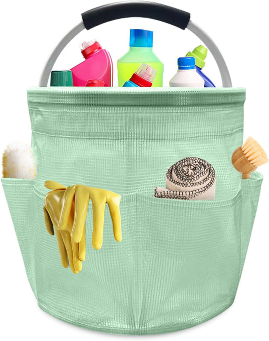 Qivine 17L Cleaning Caddy with Handle, Cleaning Supply Caddy Foldable Tool Bag Cleaning Products Organizers Portable Cleaning Bucket Organiser for Storing Towels (Clear Green)