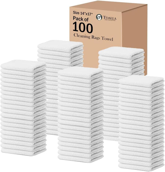 100% Cotton Terry Towel Cleaning Rags Pearl White 14'x17'|Pack of 100|Soft Large Cleaning Rags|Super Absorbent|Quick Dry|Multipurpose Towels|Restaurant Towels|Reusable Shop Rags