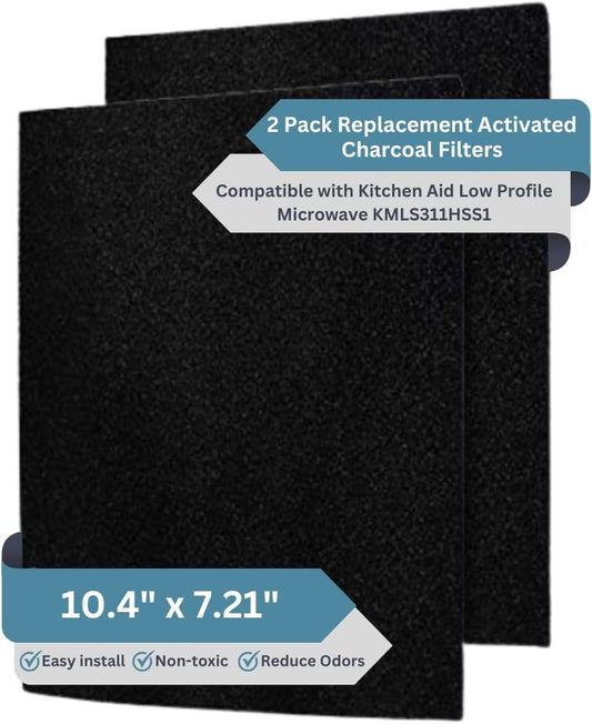 2-Pack Activated Carbon Charcoal Microwave Hood Filters - Pre-Cut 10" x 7.21" Microwave Hood Filters - Compatible w/Whirlpool WML55011 & KitchenAid Low‑Profile Models, Made in USA