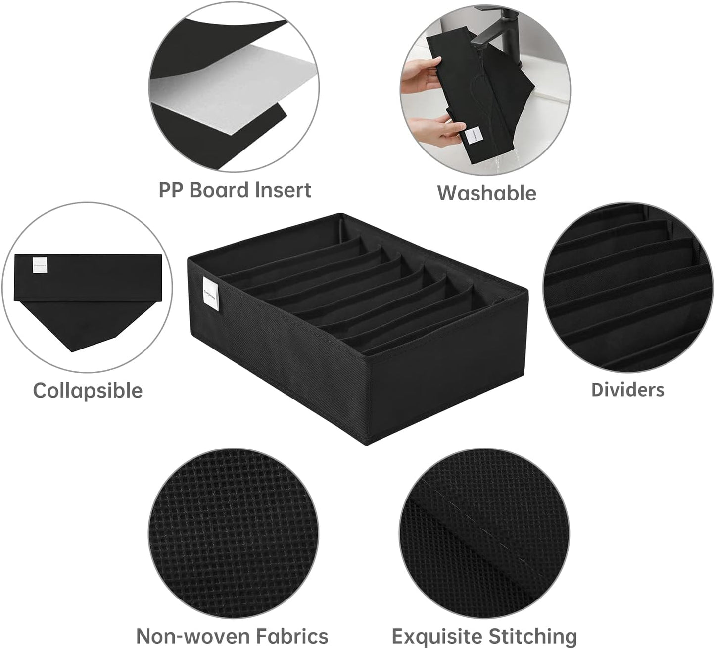 4 Packs T-shirt Drawer Organizers for Clothing,8 Grids Compartment Wardrobe Storage Box, Washable Clothes Organizer for Folded Clothes, Legging, Silk Scarve-Black