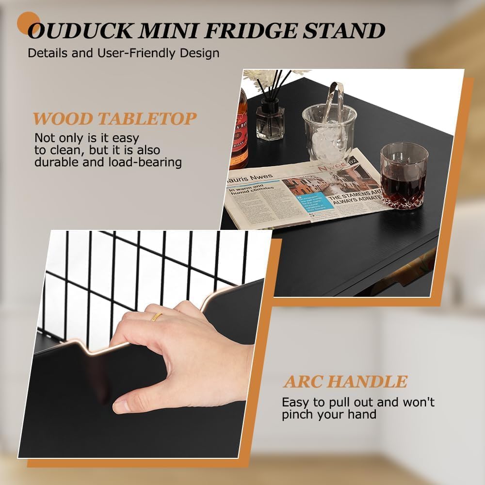 Mini Fridge Stand with Storage Drawer, 21.7”x21.7” Heavy Duty Mini Fridge Table with Wheels, Rolling Beverage Cart with Basket for Home, Office, Bedroom