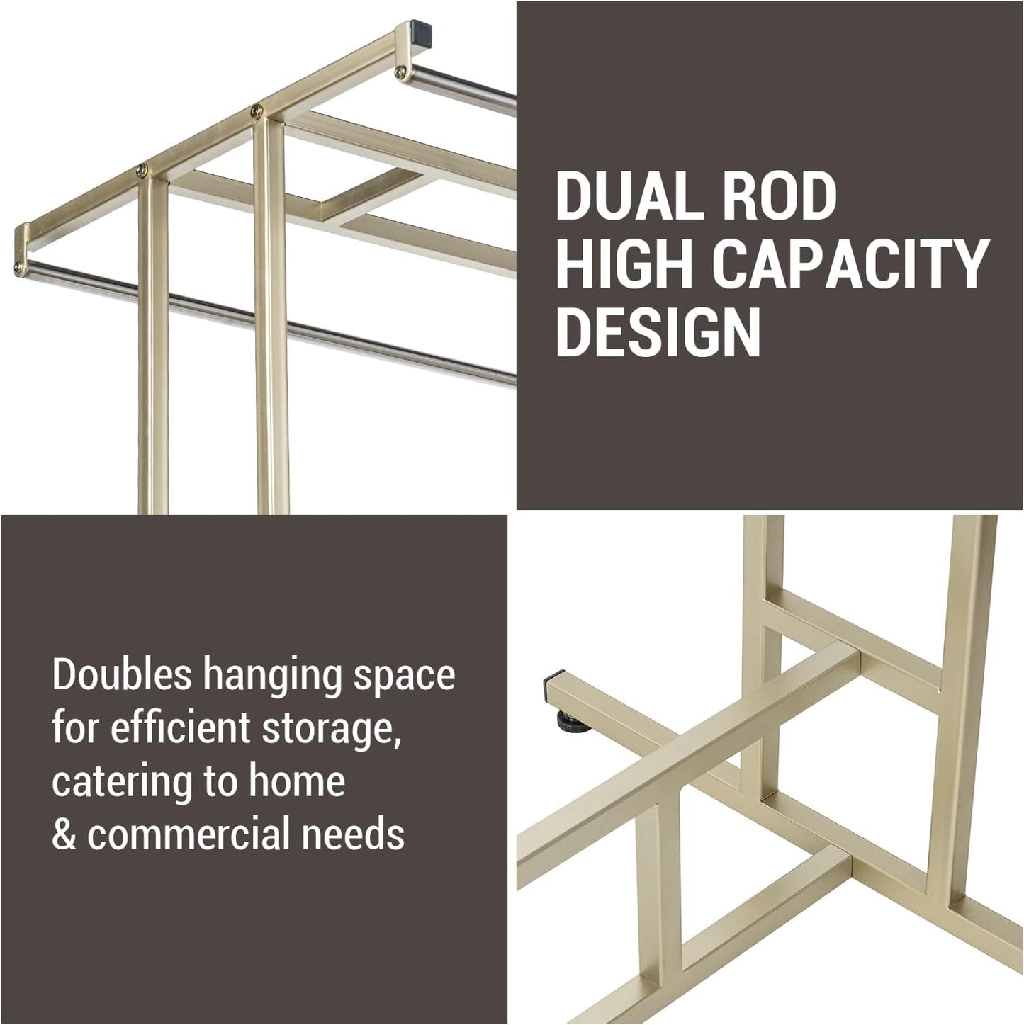 MyGift 4ft Tall Brass Tone Stainless Steel Freestanding Garment Rack, Heavy Duty Double Rod Clothes Closet Stand, Coat Dress Clothing Storage Display Shelf