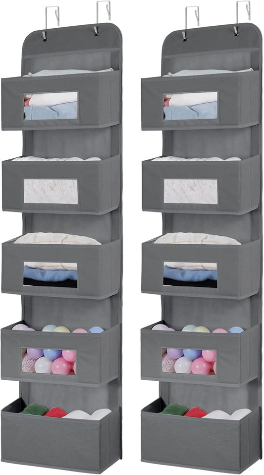 5-Shelf Over The Door Hanging Organizer with 2 Metal Hooks，5 Pocket Over The Door Wall Mount Storage with Clear Windows for Baby Nursery Bathroom Closet,Bedroom,Dorm (Gray-2 Pack)