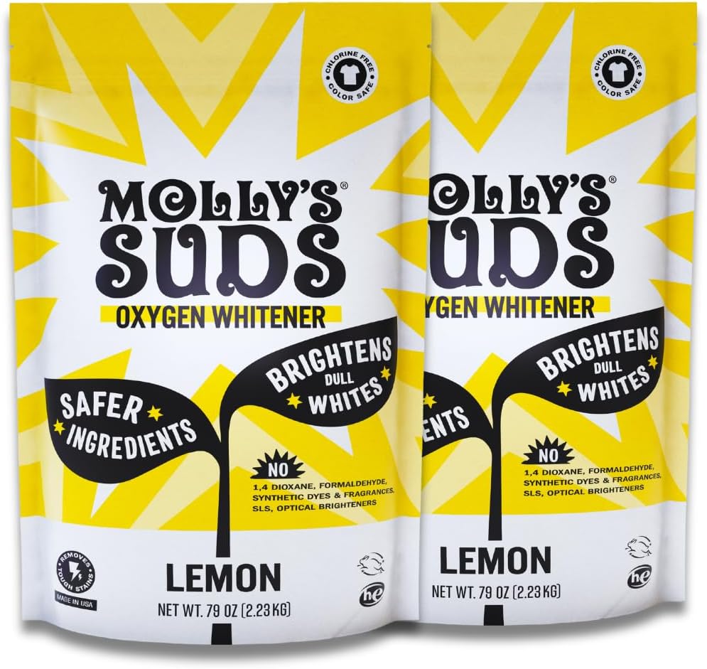 Molly's Suds Oxygen Whitener | Powerful Bleach Alternative, Chlorine Free & Color Safe | Brightens Whites and Removes Stains (Pure Lemon Essential Oil - 158 oz)