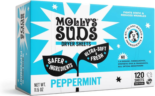 Molly's Suds Fabric Softener Dryer Sheets for Sensitive Skin | Plant-Based Static Reducer, Plastic-Free Packaging | Peppermint (120 Sheets)