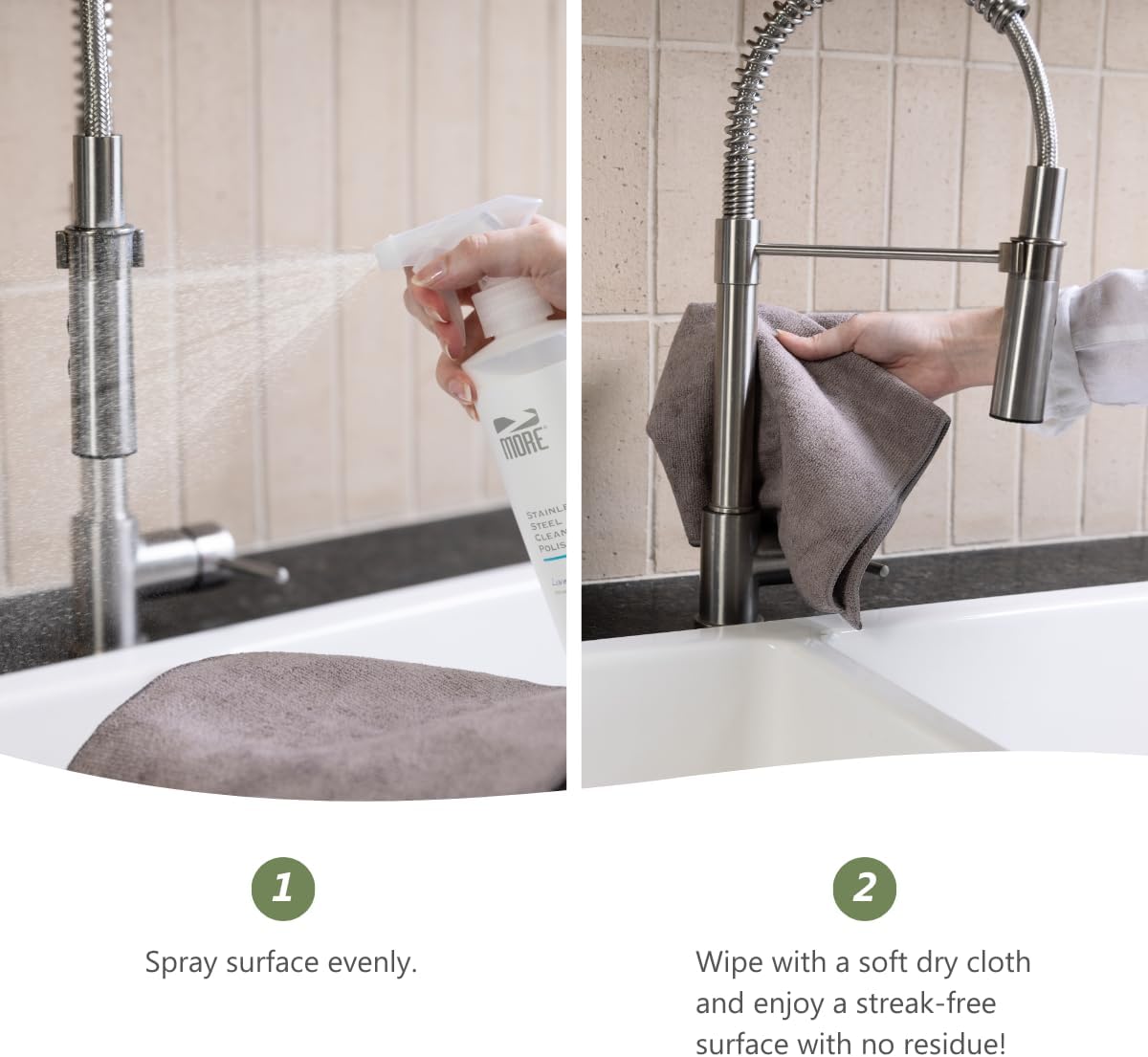 MORE - Stainless Steel Cleaner & Polish Spray + Microfiber Cloth - Stainless Steel Cleaner for Appliances, Sink, Fridge & Grill - Water-Based Streak-Free Formula - Lavender Essential Oil Scent 16 oz