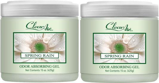 Clear Air Odor Absorber Gel - 15 oz, Pack of 2 - Air Freshener Absorbs and Eliminates Odors in Bathrooms, Cars, Boats, RVs and Pet Areas - Made with Essential Oils - Spring Rain Scent