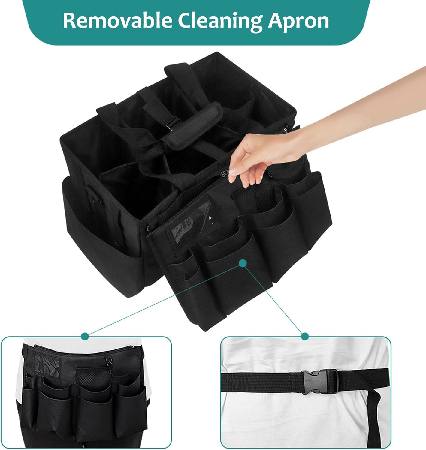 Qivine Cleaning Caddy with Handle, Cleaning Supply Caddy Foldable Tool Bag Cleaning Products Organizers Portable Cleaning Bucket Organiser for Storing Towels（Black Square）