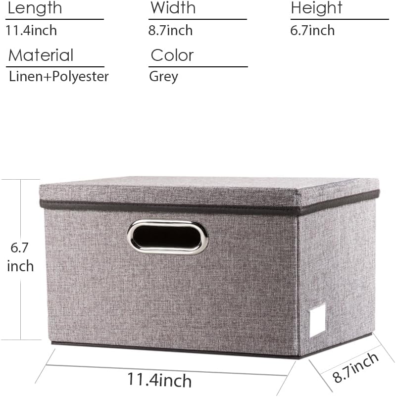 PRANDOM Storage Bins with Lids [3-Pack] Linen Fabric Foldable Storage Boxes Organizer Containers Baskets Cube with Cover for Home Bedroom Closet Office Nursery Grey（11.4X8.6X6.7