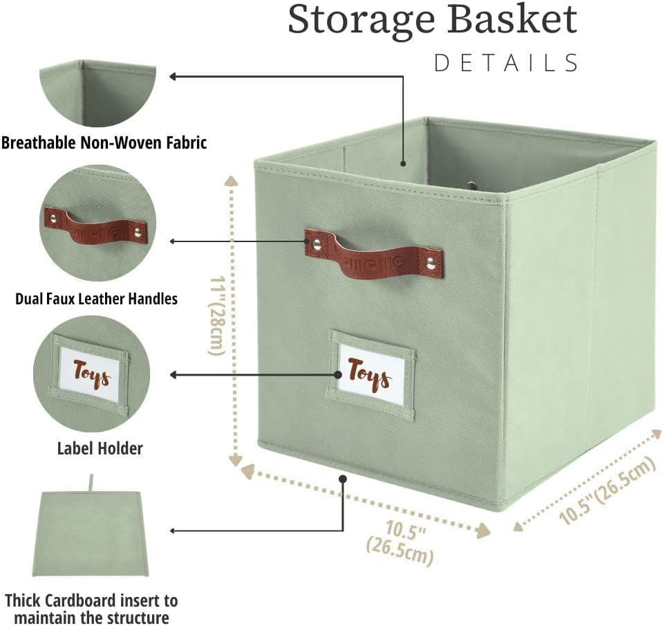 DECOMOMO Storage Bins, Cube Storage Bin with Labels, Fabric Storage Cubes for Shelves (10.5" x 11" / 2pcs, Sage Green)