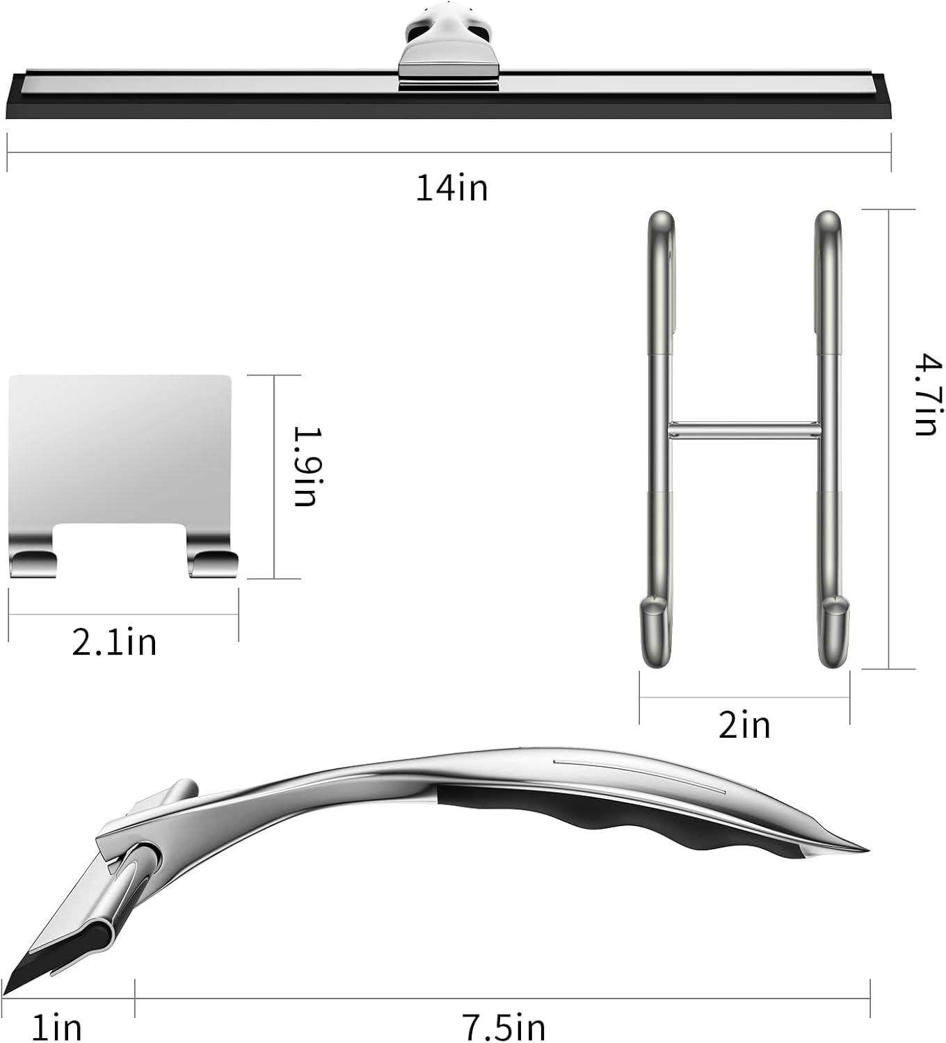 14-Inches Stainless Steel Shower Squeegee Set, Include Shower Door Hook, Adhesive Hook and Spare Silicone Blade, Window Squeegee for Shower Glass Door, Bathroom, Mirror, Window and Car Glass