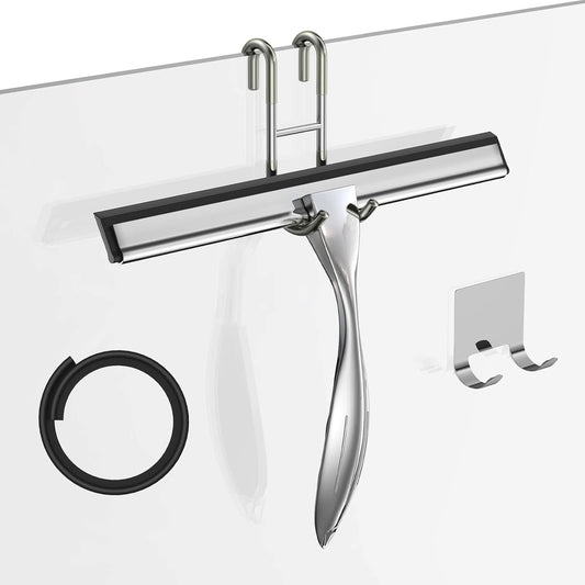 Shower Squeegee Set, 10-Inch Stainless Steel Squeegee for Bathroom, Shower Doors, Mirrors, Tiles, and Car Windows - 100% Streak Free, Includes Shower Door Hook, Adhesive Hook and Spare Silicone Blade