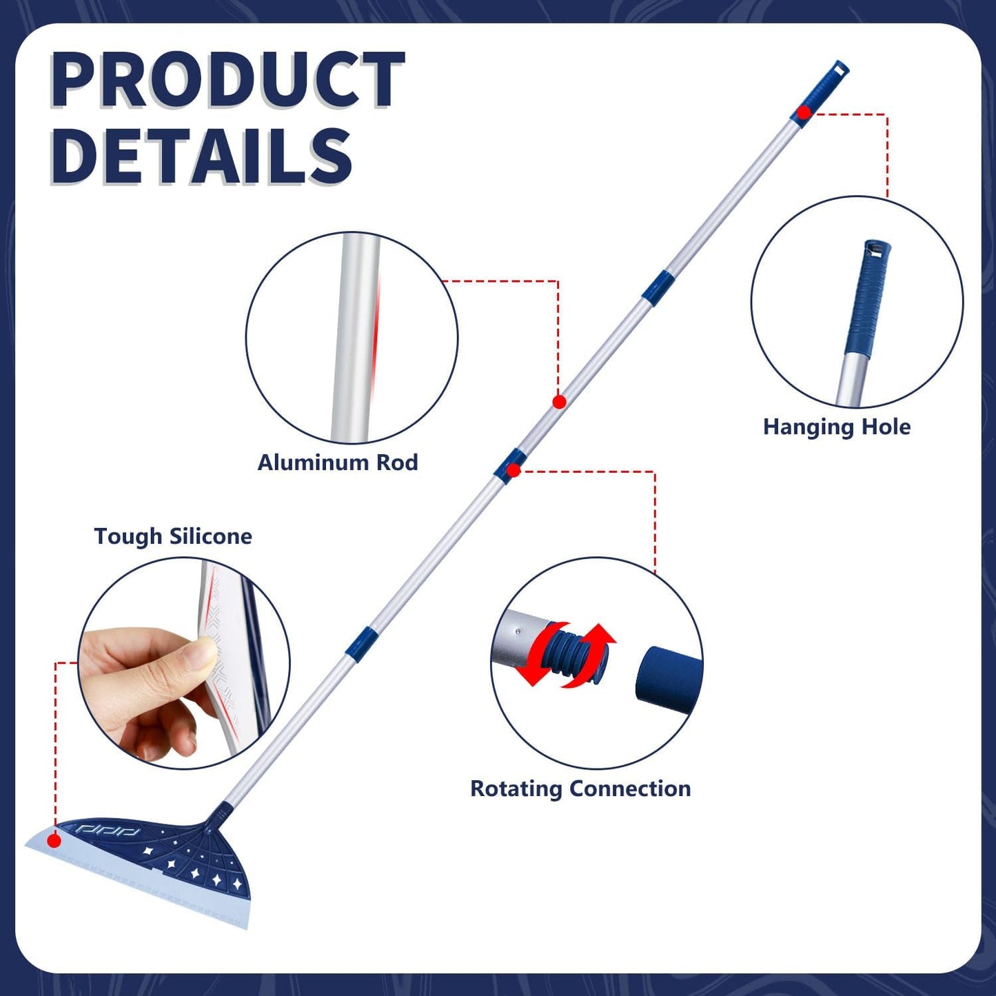 Magic Air Broom, Silicone Broom Floor Squeegee for Glass and Floors with 60’’ Long Aluminum Adjustable Handles,Silicone Squeegee Broom or Pet Hair, Dust and Liquids (Blue)