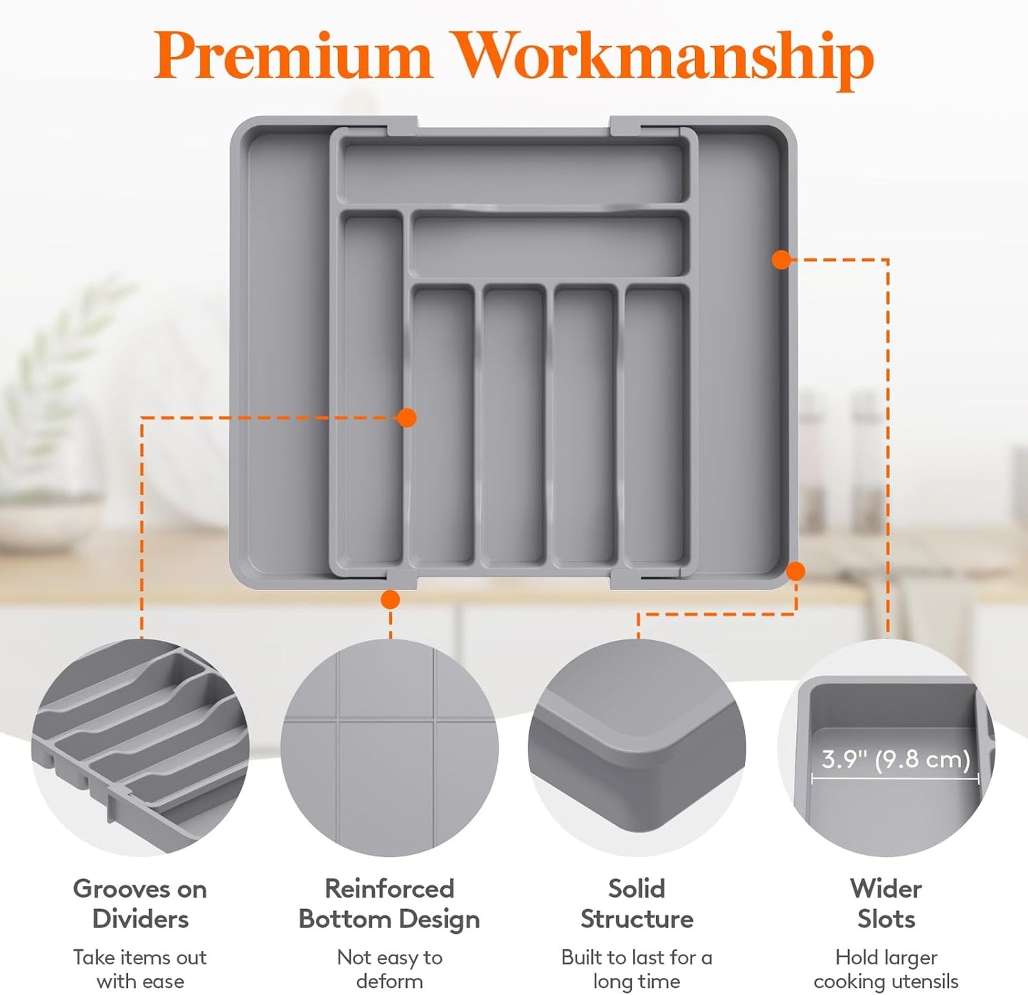 Lifewit Silverware Drawer Organizer, Expandable Utensil Organizer for Kitchen Drawers, Adjustable Cutlery and Flatware Tray, Plastic Spoons Forks Knives Holder Storage Dividers, Medium, Gray
