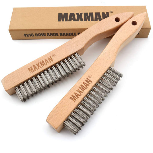 MAXMAN Wire Brush, Heavy Duty Stainless Steel Wire Brushes for Cleaning Rust, Grill Brush, Steel Brush for Paint Removal, Welding, Stiff Bristle Metal Brush with 10" Long Beech Handle, Large, 2Pcs