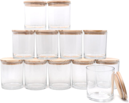 14 OZ Thick Candle Jars for Making Candles 12 Pcs, 3 Wick Empty Jars with Wood Lids for Candle Making, Sample Container,Clear