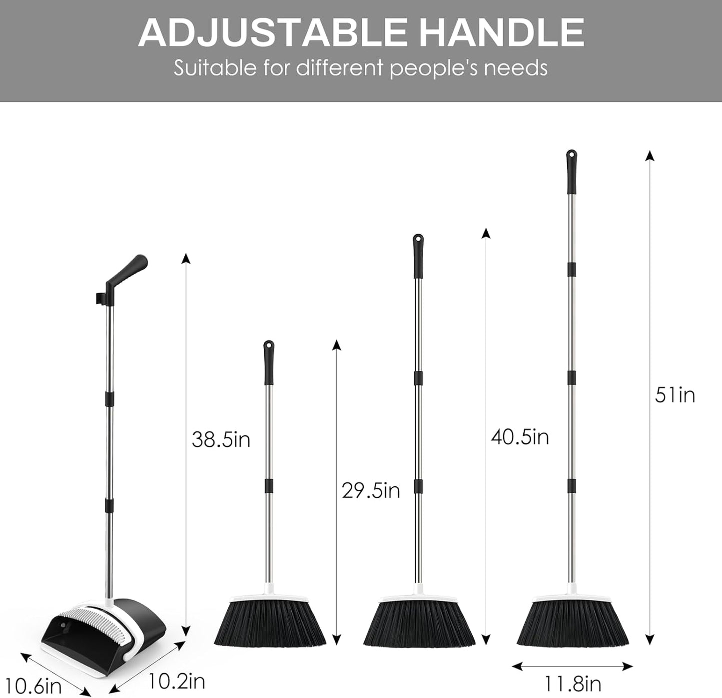 Broom and Dustpan Set for Home, 51-in Long Adjustable Handle Angle Broom and Dustpan Combo Set with Dust Pan Teeth to Clean Hair for Home Kitchen Office Lobby Floor Garden (Black&White)