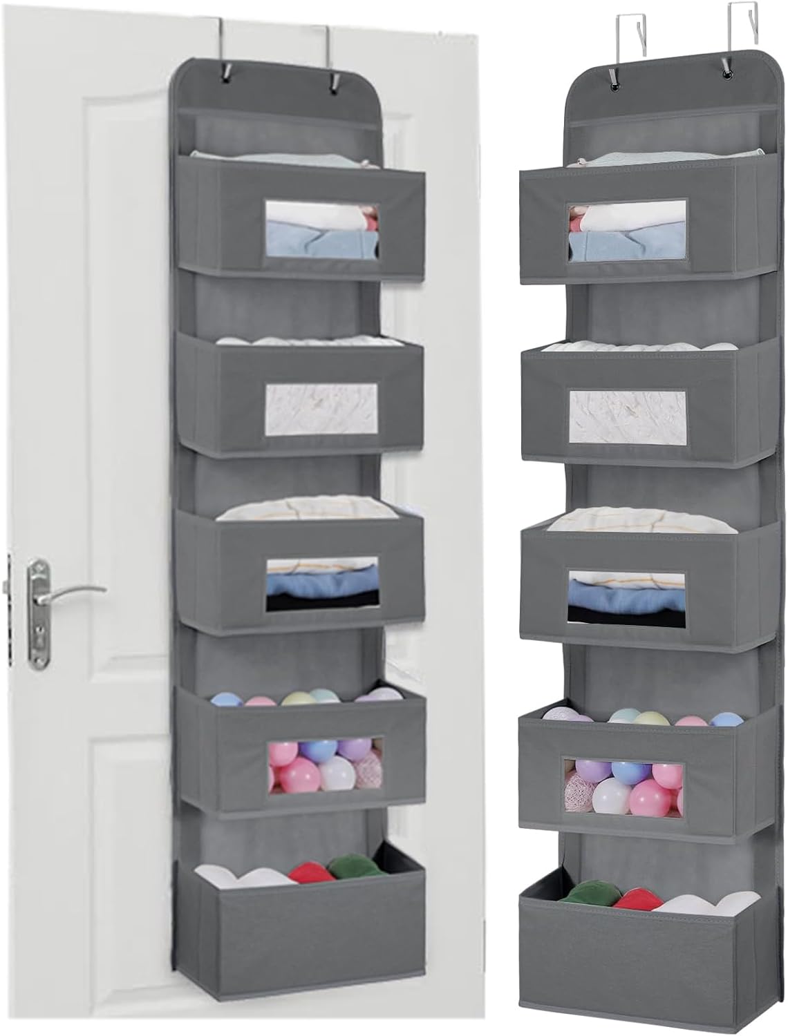 MAX Houser 5-Shelf Over The Door Hanging Organizer with 2 Metal Hooks, 5 Pocket Over The Door Wall Mount Storage with Clear Windows for Baby Nursery Bathroom Closet,Bedroom,Dorm,Diapers,Kids Toy(Gray)