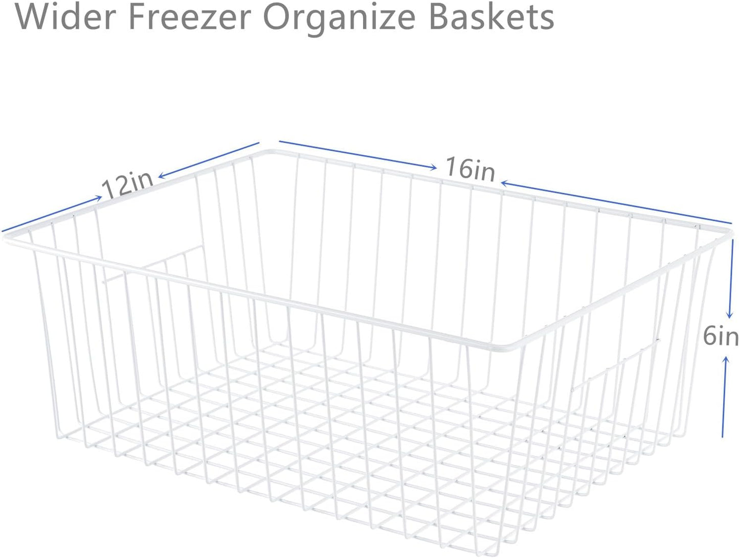 16" L x 12" W Wider Freezer Storage Organizer Baskets Container, Deep Metal Wire Chest Upright Refrigerator Divider Bins with Built-in Handles for Cabinet, Pantry, Closet, Kitchen, Pearl White