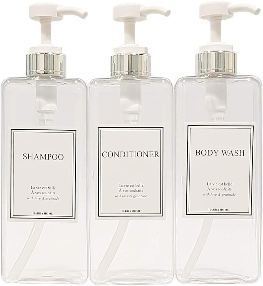 Modern Design Large 27 oz Shampoo and Conditioner Dispensers - Empty Plastic Refillable Pump Bottle Set for Bathroom Shower Soap Dispenser, Set of 3 (Clear & Silver)