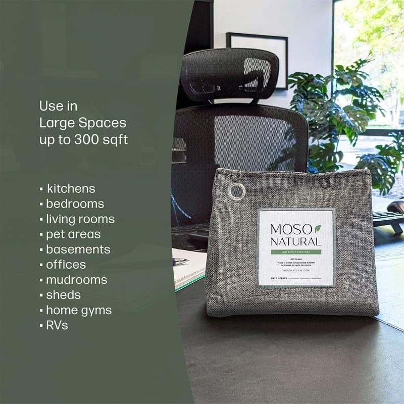 Moso Natural Air Purifying Bag 600g, Premium Bamboo Charcoal Odor Absorber, Room Deodorizer for Large Spaces, Bedroom, Kitchen, Basement, Pet Odor Eliminator for Home, 21oz Charcoal Bags (2 Pack)