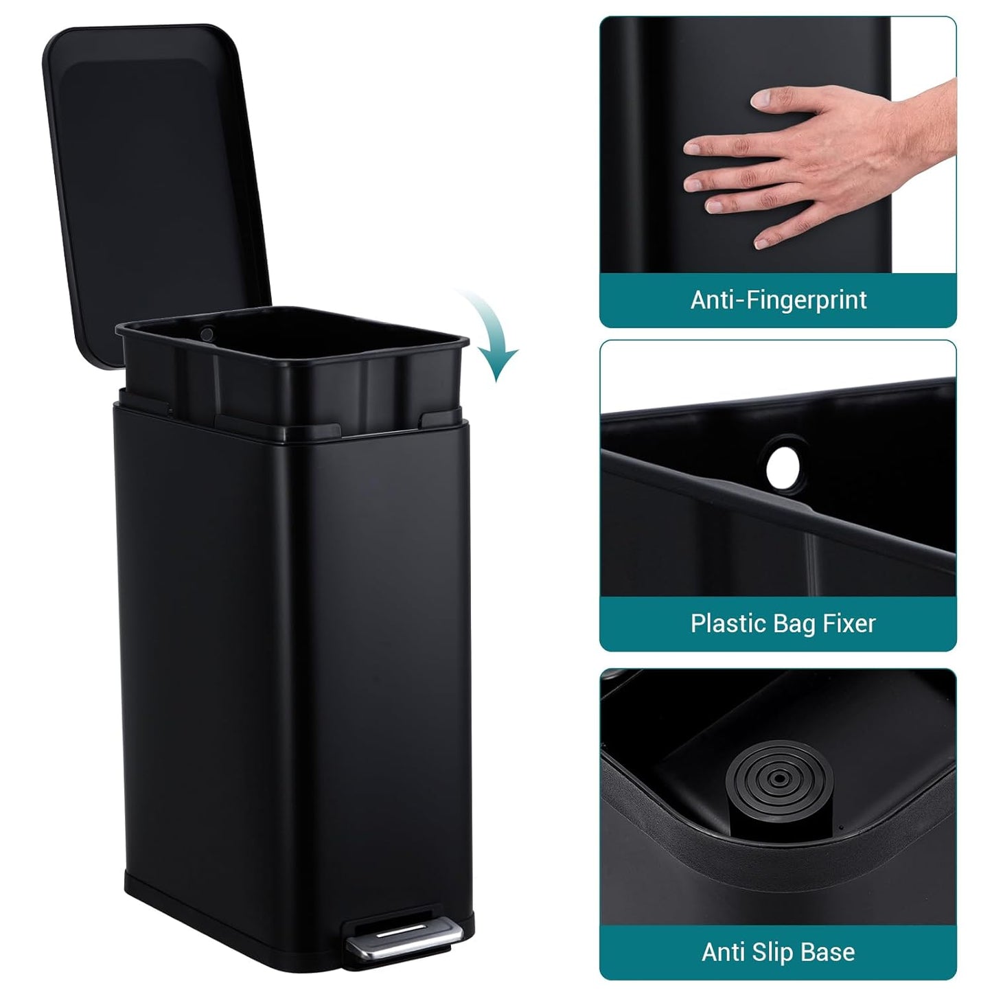 13.2 Gallon / 50L Kitchen Trash Can, Slim Stainless Steel Garbage Can with Removable Inner Bucket, Fingerprint-Proof Step Rubbish Bin with Soft-Close Lid for Narrow Space, Black