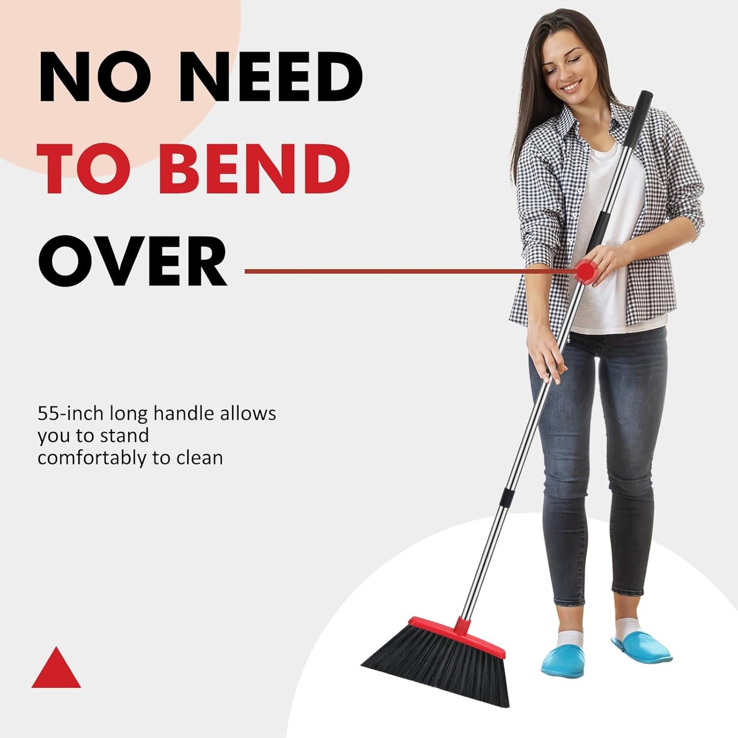 NACENA Heavy Duty Broom, 55 Inch Long Handle Outdoor Large Angle Brooms, Commercial Broom for Sweeping Indoor, for Home Garage Kitchen Office Courtyard Lobby Patio Lawn Concrete, 2 Pack (Black&Red)