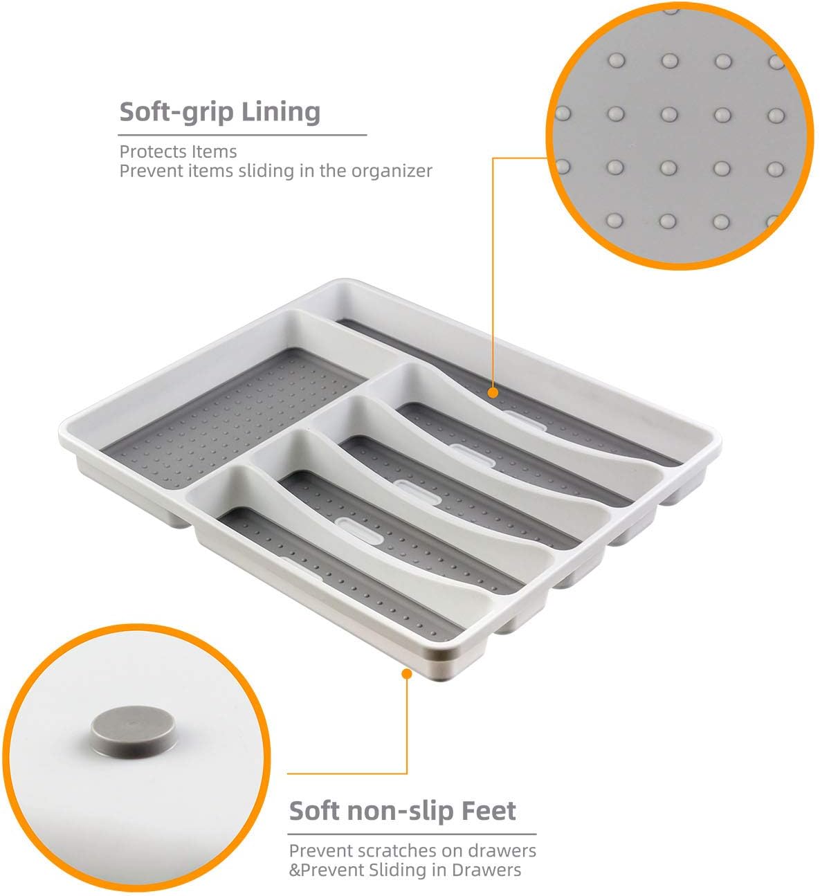 LeMuna Silverware Organizer Tray for Drawer, 6 Compartment Kitchen Drawer Organizer, Soft Grip Lining and Non-Slip Rubber Feet, Flatware Plastic Cutlery Tray