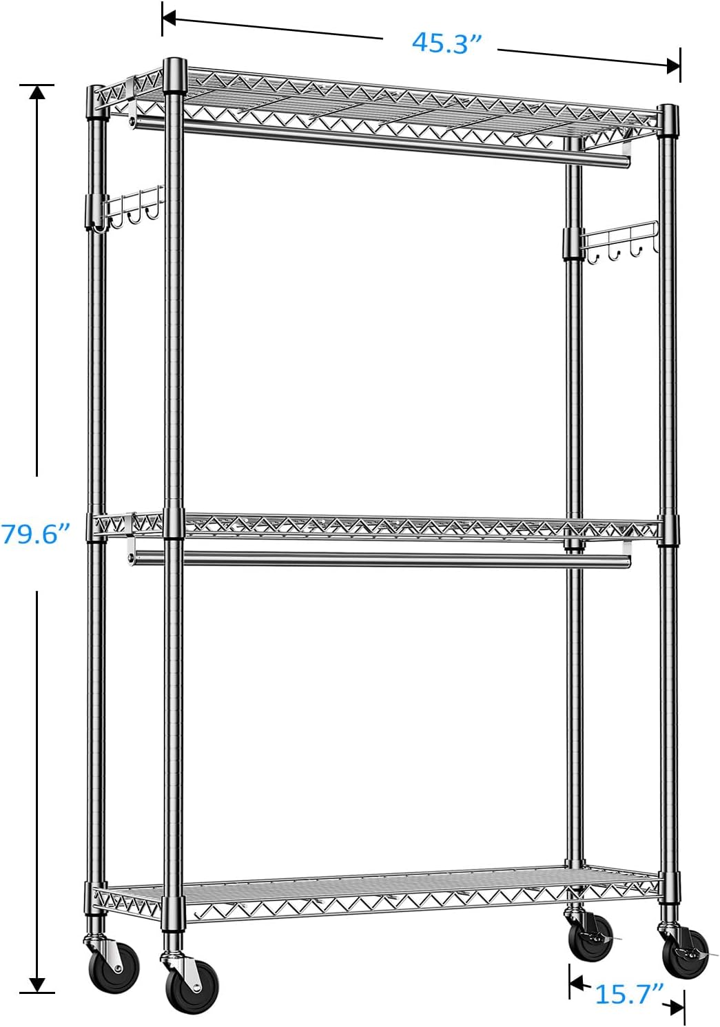 IZEUK 3-Tier Heavy Duty Rolling Garment Rack, Chrome Metal Freestanding Closet Wardrobe Rack with Double Rods and Side Hooks, 15.7" D x 45.3" W x 79.6" H