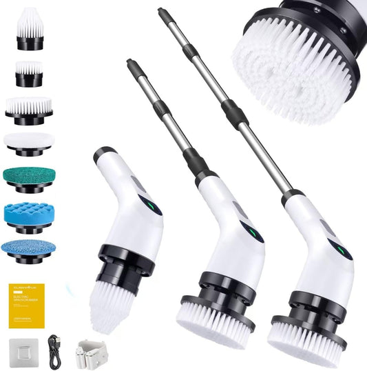 Electric Spin Scrubber for Cleaning - Shower Scrubber with Long Handle and 7 Replaceable Heads - 2 Speed Cordless Shower Brush for Cleaning with Long Battery Life, White